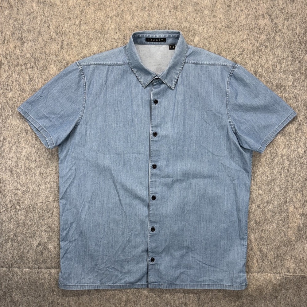 Theory Custa Ashburton Woven Shirt Bleached Indigo Men's Large Short Sleeve